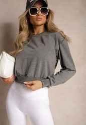 Ciemnoszara Bluza z Bawełną ze Ściągaczami przy Rękawach i w Pasie Alberia. Szare bluzy damskie Renee, l, bez wzorów, z bawełny, bez kaptura. Za 24.99 zł.