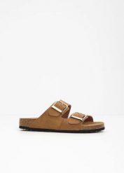 Klapki marki Tamaris ze skóry z klamrami. Brązowe klapki damskie bonprix, bez wzorów, ze skóry, bez obcasa. Za 219.99 zł.