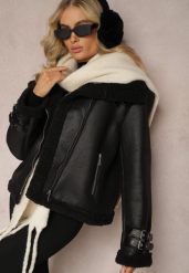 Czarna Kurtka Biker z Futerkiem Asymetrycznym Suwakiem i Paseczkami Sanet. Czarne kurtki damskie Renee, na zimę, l, bez wzorów, z materiału, bez kaptura. Za 319.99 zł.