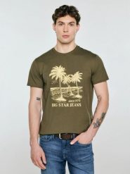 Koszulka męska z kontrastowym nadrukiem khaki Omer 303. Zielone t-shirty męskie Big Star, l, bez wzorów, z bawełny, eleganckie, bez kołnierzyka. Za 79.99 zł.