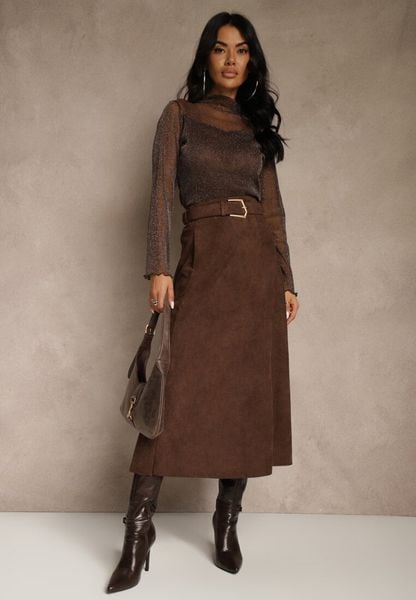 Brązowa Spódnica z Wiskozy z Bawełną z Imitacji Zamszu z Paskiem Oliweda. Brązowe spódnice damskie Renee, l, bez wzorów, z bawełny, midi. Za 139.99 zł.