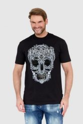 PHILIPP PLEIN Czarny męski t-shirt z czaszką zdobioną dżetami, Rozmiar S. Czarne t-shirty męskie Philipp Plein, l, z aplikacjami, bez kołnierzyka. W wyprzedaży za 2,599.99 zł.