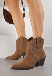 Brązowe Botki Typu Kowbojki na Stożku ze Skóry Naturalnej Clearfeather. Brązowe botki damskie Renee, z jeansu, klasyczne, bez obcasa, na obcasie, bez zapięcia. Za 189.99 zł.