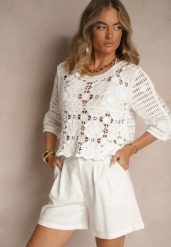 Biała Ażurowa Bluzka z Bawełny Nilonna. Białe bluzki damskie Renee, w ażurowe wzory, z bawełny, eleganckie, bez kołnierzyka, bez ramiączek. Za 119.99 zł.