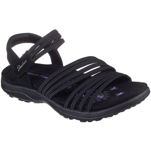 Sandały damskie Skechers Reggae Slim - Coffee. Czarne obuwie sportowe damskie Skechers, bez wzorów, z materiału, bez obcasa, bez zapięcia. Za 242.99 zł.