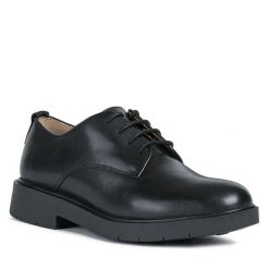 Oxfordy Geox. Czarne półbuty damskie Geox, bez wzorów, bez obcasa, bez zapięcia. Za 369.99 zł.