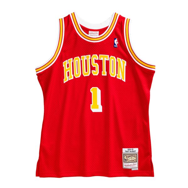 Koszulka NBA Houston Rockets Tracy Mcgrady. Czerwone koszulki sportowe męskie Mitchell & Ness, bez wzorów, bez kołnierzyka, bez ramiączek, do koszykówki. W wyprzedaży za 436.00 zł.