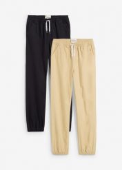 Spodnie Regular Fit z gumką w talii, z czystej bawełny (2 pary). Czarne spodnie materiałowe dla chłopców bonprix, bez wzorów, z bawełny. Za 159.99 zł.