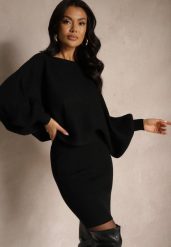 Czarny Komplet Dzianinowy Sukienka o Dopasowanym Kroju i Sweter w Stylu Nietoperza Floreti. Czarne sukienki damskie Renee, na spotkanie biznesowe, s, bez wzorów, z dzianiny, eleganckie, bez kołnierzyka, bez ramiączek, dopasowane. Za 119.99 zł.