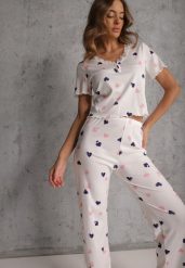 Biały Elastyczny Komplet Piżamowy w Serduszka Spodnie i Top Isle. Białe piżamy damskie Renee, l, bez wzorów, z materiału, bez ramiączek. Za 74.99 zł.