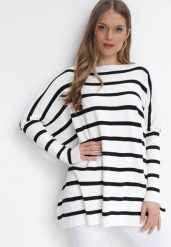 Biały Sweter Oversize w Paski z Rękawami Nietoperz Caelania. Białe swetry damskie Born2be, bez wzorów, bez kołnierzyka, bez ramiączek, bez kaptura. Za 89.99 zł.