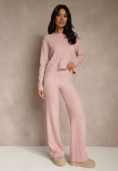 Jasnoróżowy Dzianinowy Komplet z Wełną Spodnie Wide Leg i Sweter Cropped Nezera. Czerwone spodnie materiałowe damskie Renee, l, bez wzorów, z dzianiny. Za 129.99 zł.