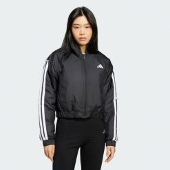 Kurtka Essentials 3-Stripes Insulated Crop Bomber. Czerwone kurtki damskie Adidas, xl, bez wzorów, z materiału, bez kaptura. W wyprzedaży za 227.40 zł.