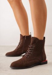 Brązowe Botki Trzewiki VICES z Ażurową Cholewką Bissen. Brązowe botki damskie Born2be, z dzianiny, biznesowe, bez obcasa, na płaskiej podeszwie, bez zapięcia. Za 129.99 zł.