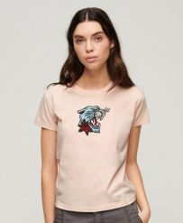 Koszulka dopasowana z haftem tatuażu. Białe t-shirty damskie Superdry., m, bez wzorów, z bawełny, eleganckie, bez kołnierzyka. Za 142.35 zł.