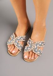 Niebiesko-Beżowe Klapki z Plecionką w Stylu Boho Felmirella. Niebieskie klapki damskie Born2be, bez wzorów, z jeansu, boho, bez obcasa, na płaskiej podeszwie. Za 69.99 zł.