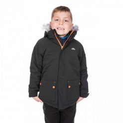 Dziecięca Wodoodporna Kurtka Parka Holsey. Czarne kurtki i płaszcze dla chłopców Trespass, bez wzorów, z futra, z kapturem. Za 627.99 zł.