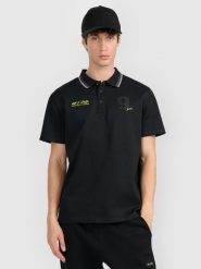 4F Koszulka polo regular męska 4F x Robert Lewandowski - czarna S. Czarne koszulki polo męskie 4f, m, bez wzorów, z bawełny, klasyczne, bez ramiączek. Za 129.99 zł.