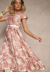 Ciemnoróżowa Rozkloszowana Sukienka z Wiskozą Zdobiona Roślinnym Printem Galmoi. Czerwone sukienki damskie Renee, na imprezę, na lato, l, z aplikacjami, z wiskozy, eleganckie, bez kołnierzyka, bez ramiączek, midi, rozkloszowane. Za 74.99 zł.
