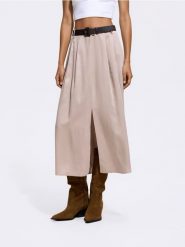 Spódnica midi z paskiem - beżowy. Brązowe spódnice damskie Reserved, l, bez wzorów, z lyocellu, midi, rozkloszowane. Za 139.99 zł.