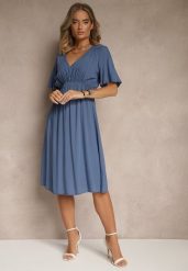 Granatowa Rozkloszowana Sukienka z Bawełnianej Tkaniny Lirioneae. Niebieskie sukienki damskie Renee, na co dzień, l, bez wzorów, z bawełny, eleganckie, bez kołnierzyka, bez ramiączek, midi, rozkloszowane. Za 49.99 zł.