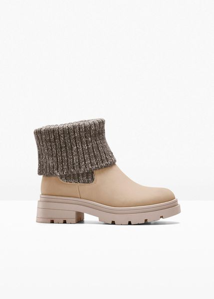 Sztyblety z dzianinowym mankietem. Brązowe kozaki damskie bonprix, z dzianiny, bez obcasa. Za 149.99 zł.