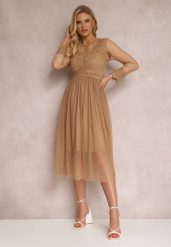 Ciemnobeżowa Sukienka Lylah. Brązowe sukienki damskie Renee, na studniówkę, l, z aplikacjami, z tiulu, eleganckie, bez kołnierzyka, bez ramiączek, midi, rozkloszowane. Za 119.99 zł.