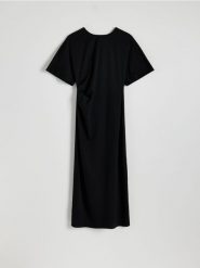 Sukienka z marszczeniem - czarny. Czarne sukienki damskie Reserved, l, bez wzorów, z tkaniny, bez kołnierzyka, bez ramiączek, midi. W wyprzedaży za 49.99 zł.