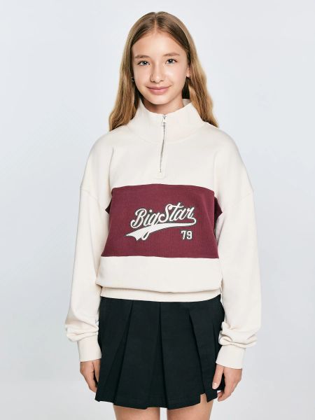 Bluza dziewczęca z krótkim zamkiem kremowa Rossalia 103. Białe bluzy dla dziewczynek Big Star, z aplikacjami, z dresówki, bez ramiączek, bez kaptura. W wyprzedaży za 99.99 zł.