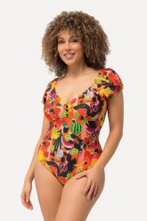 Damski Kostium kąpielowy owoce miękkie miseczki bufiaste rękawy. Brązowe kostiumy jednoczęściowe damskie Ulla Popken, plus size, bez wzorów, z elastanu, plus size, do pływania. Za 191.99 zł.