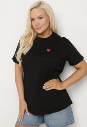 Czarny Bawełniany T-shirt Ozdobiony Sercem Tolianee. Czarne bluzki damskie Born2be, l, bez wzorów, z bawełny, klasyczne, bez kołnierzyka. Za 49.99 zł.