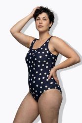 Damskie Kostium kąpielowy kropki bez miękkich miseczek okrągły dekolt. Niebieskie kostiumy jednoczęściowe damskie Ulla Popken, plus size, bez wzorów, z elastanu, sportowe, plus size, do pływania. Za 159.99 zł.