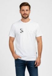 Biały t-shirt z printem, Comfort Fit, T-SPACER. Białe t-shirty męskie Volcano, m, bez wzorów, z bawełny, klasyczne, bez kołnierzyka. Za 59.99 zł.