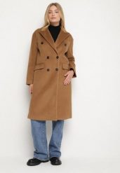 Brązowy Płaszcz o Dwurzędowym Kroju z Kieszeniami Sileti. Brązowe płaszcze damskie Born2be, l, bez wzorów, z jeansu, eleganckie, bez kaptura. Za 159.99 zł.