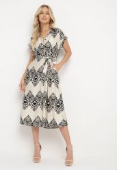 Beżowo-Czarna Taliowana Sukienka Boho z Wiskozą Wiązana w Talii Paskiem Losofia. Brązowe sukienki damskie Born2be, na co dzień, na lato, l, z aplikacjami, z wiskozy, boho, bez kołnierzyka, bez ramiączek, midi. Za 109.99 zł.