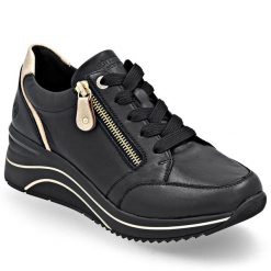 Skórzane sneakersy damskie na koturnie czarne Remonte Rieker D0T03-03. Czarne półbuty damskie Remonte, bez wzorów, ze skóry, bez obcasa, na koturnie, bez zapięcia. Za 429.00 zł.