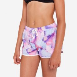 Szorty surfingowe dla dzieci Olaian 100 Katy Posy. Fioletowe spodenki dla dziewczynek OLAIAN, bez wzorów, z materiału, sportowe. Za 39.99 zł.
