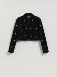 Marynarka z aplikacjami - czarny. Czarne żakiety damskie Reserved, l, z aplikacjami, z dzianiny. Za 179.99 zł.