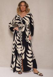 Beżowo-Granatowa Sukienka z Wiskozy Ozdobiona Liśćmi i Guzikami Pulene. Niebieskie sukienki dla dziewczynek Renee, na lato, bez wzorów, z wiskozy, eleganckie, bez ramiączek, długie. Za 139.99 zł.