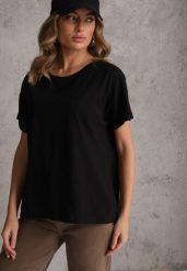 Czarny T-shirt Basic Oversize z Bawełny Elusis. Czarne bluzki damskie Renee, m, bez wzorów, z bawełny, eleganckie, bez kołnierzyka. Za 39.99 zł.