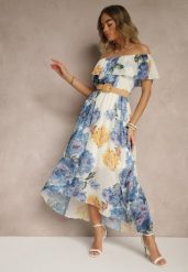 Niebieska Sukienka Hiszpanka z Kwiatowym Wzorem i Plecionym Paskiem Sadeene. Niebieskie sukienki damskie Renee, na co dzień, na lato, m, bez wzorów, eleganckie, bez kołnierzyka, bez ramiączek, midi. Za 89.99 zł.