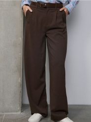 Spodnie wide leg z paskiem - brązowy. Brązowe spodnie materiałowe damskie Sinsay, l, bez wzorów. Za 59.99 zł.