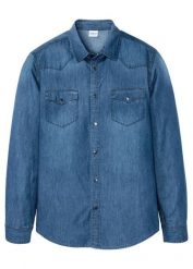 Koszula jeansowa z czystej bawełny organicznej, slim fit. Niebieskie koszule męskie bonprix, m, bez wzorów, z bawełny, bez kołnierzyka, bez ramiączek. Za 109.99 zł.