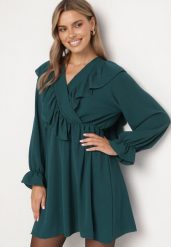 Ciemnozielona Rozkloszowana Sukienka o Kopertowym Kroju z Falbankami Celonara. Zielone sukienki dla dziewczynek Born2be, bez wzorów, eleganckie, bez ramiączek. Za 69.99 zł.