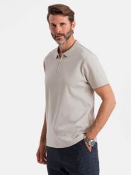 Męska koszulka polo z zapinanym na zamek kołnierzykiem – popielata V2 OM-POSS-0132 - XXL. Szare koszulki polo męskie Ombre Clothing, l, z aplikacjami, z bawełny, bez kołnierzyka, bez ramiączek. W wyprzedaży za 49.99 zł.