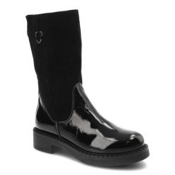 Botki damskie Pollonus, cholewka z lakierowanej skóry naturalnej połączonej z zamszową wstawką stabilny obcas oraz gruba podeszwa z wyraźnym profilem. Czarne botki damskie Pollonus, na jesień, ze skóry, bez obcasa, na obcasie, bez zapięcia. Za 269.00 zł.