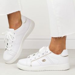 Białe sportowe buty damskie Potocki 01301. Białe obuwie sportowe damskie POTOCKI, bez wzorów, ze skóry. Za 89.00 zł.