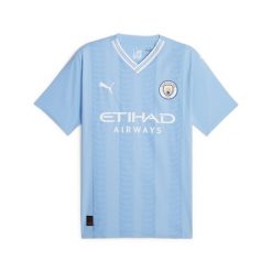 Męska autentyczna koszulka domowa Manchester City 23/24 PUMA. Białe koszulki sportowe męskie Puma, l, bez wzorów, bez kołnierzyka, bez ramiączek, do piłki nożnej. W wyprzedaży za 374.65 zł.