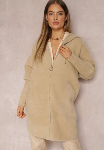 Beżowy Płaszcz Wełniany z Alpaką i Kapturem na Suwak Dinemis. Brązowe płaszcze damskie Renee, z aplikacjami, z wełny, klasyczne, z kapturem. Za 169.99 zł.