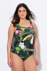 Damskie Strój kąpielowy tukan bez miękkich miseczek dekolt w serek. Czarne kostiumy jednoczęściowe damskie Ulla Popken, plus size, bez wzorów, z elastanu, sportowe, plus size, do pływania. Za 159.99 zł.